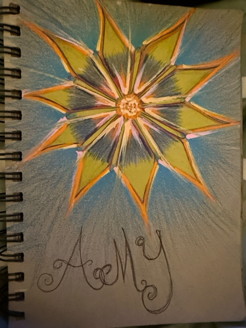Green & Blue Starburst Floral Drawing - Home Art original custom made